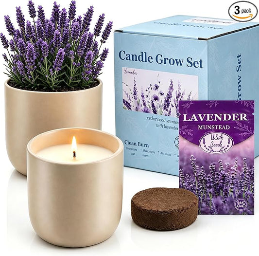 Cedar Scented Candle Planter, Lavender Seeds with Coco Coir, The Growing Candle 100% Soy Wax, Aromatherapy Candle, Ceramic Pot Home Decor Gift, Unique Gardening Gifts for Women Mom Plant Lover