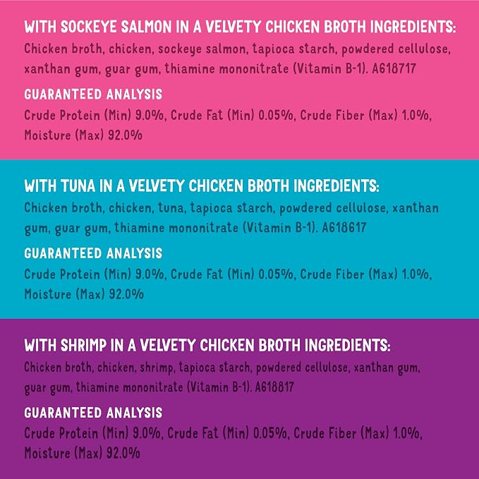 Purina Friskies Lil Soups Topper Variety Pack, 30 Count, 1.2 oz Cups | Grain-free lickable recipe with real seafood in a velvety broth, salmon, tuna or shrimp