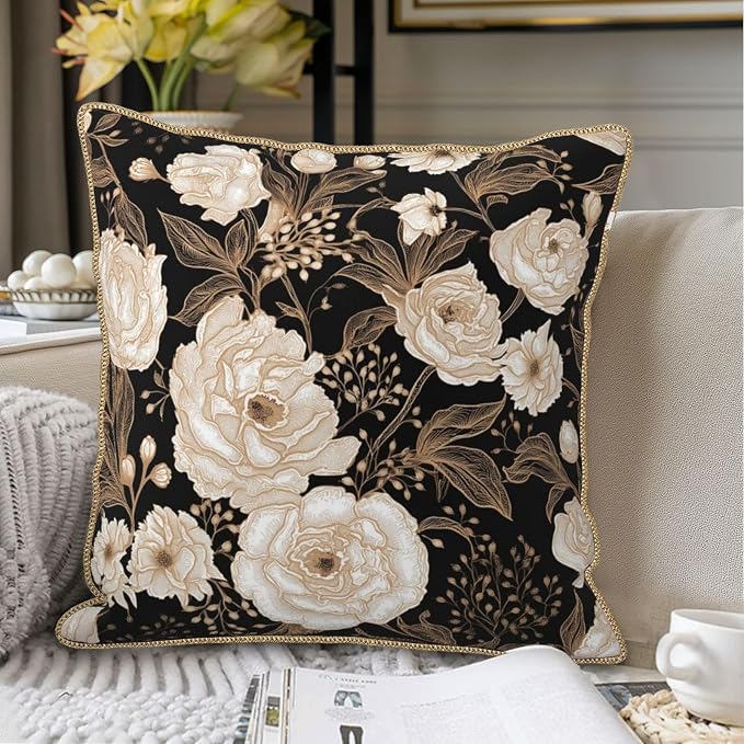 Vintage Peonies Roses Flower Velvet Pillow Covers 20x20 Inch Gold White Aesthetic Floral Leaves Throw Pillows For Couch Cushion Covers Pillowcase Farmhouse Pillow Cases for Sofa Bed Living Room