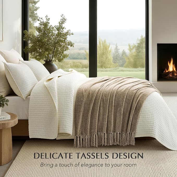 Chenille Knit Throw Blanket for Couch, 60"x80", Beige | Cozy Plush Fuzzy Knittd Throw with Tassels, Lightweight, Decorative, Farmhouse Decor, Ideal for Bed Sofa Gift, All Seasons