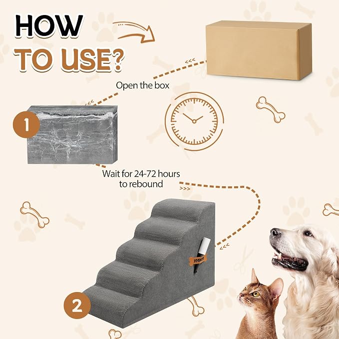 Romrol Dog Stairs Ramp for High Beds Couches, High Density Foam Pet Steps with Durable Non-Slip Waterproof Fabric Cover, Dog Stairs for Small Dogs or Cats or Pets, 5-Step, 22 Inch, Grey