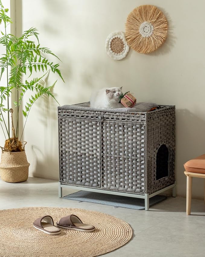 SETVSON Cat Litter Box Enclosure Furniture, Hidden Large Cat House, Gray | Handwoven PE Rattan with Litter Mat, Cat Washroom, Heightened Metal Feet, Double Doors for Easy Clean 30.3 x 18.3 x 28 In