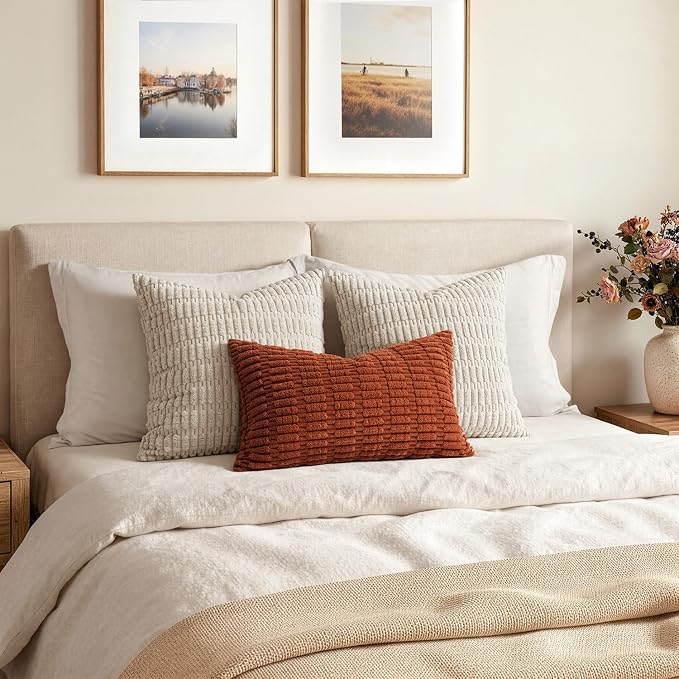 MIULEE Fall Lumbar Corduroy Decorative Throw Pillow Covers 12x20 Rust | Terracotta Pack of 2 Soft Boho Striped Pillow Covers Modern Farmhouse Autumn Home Decor For Sofa Living Room Couch Bed