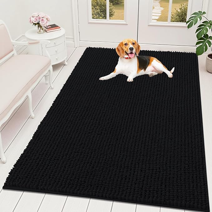 OLANLY Dog Door Mat for Muddy Paws 70x46, Extra Absorbent Chenille Mud Mat | Black, Absorbs Moisture and Dirt, Non-Slip Machine Washable Doormat, Quick-Drying Indoor Entryway Floor Mat for Dogs