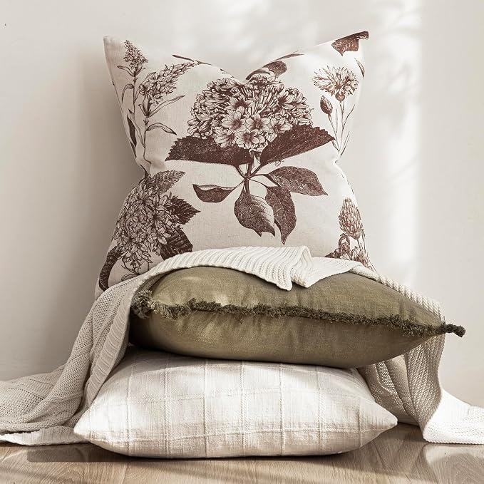 Foindtower Set of 2 Linen Floral Throw Pillow Covers Vintage Accent Print Decorative Cushion Covers Farmhouse Boho Home Decor for Sofa Chair Couch Bedroom Living Room,24×24 Inch,Dark Brown