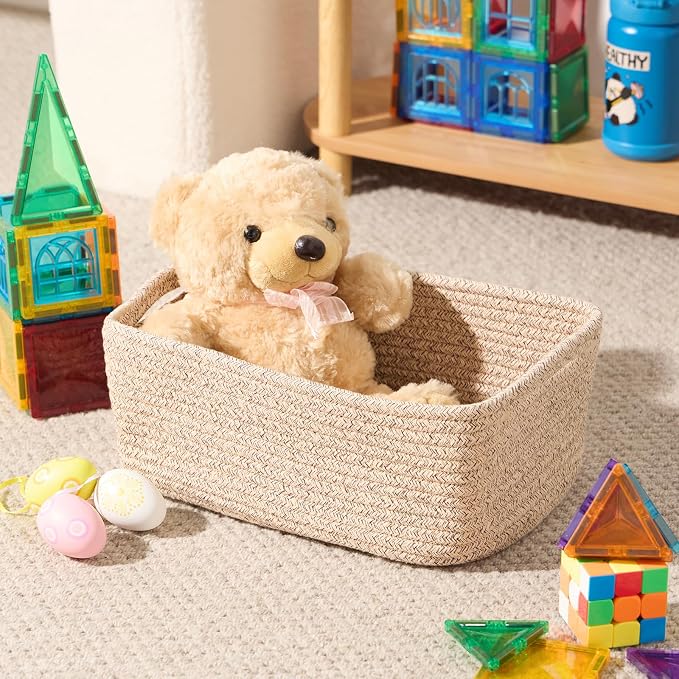 MiniArk Small Storage Baskets for Organizing | Closet Organizer Bins | Shelf Toy Basket | Woven Rope Baskets | Cube Decorative Box | Shallow Basket | 13x8.5x5.1” | 3 Packs Mixed Brown