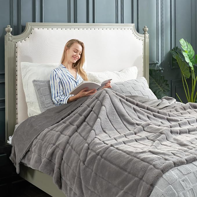 Cozy Bliss Deluxe Sheared Rabbit Faux Fur Throw Blanket, Grey 60"x80" | High-Low Sculpted, Soft Fuzzy, Plush Blanket for Couch, Cozy Home Accent, All Season Use