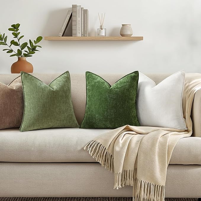 decorUhome Chenille Olive Green Velvet Throw Pillow Covers 24x24 Set of 2 | Fall Soft Euro Sham Couch Decorative Modern Farmhouse Pillow Cases with Elegant Design for Sofa Bed Living Room Home Decor