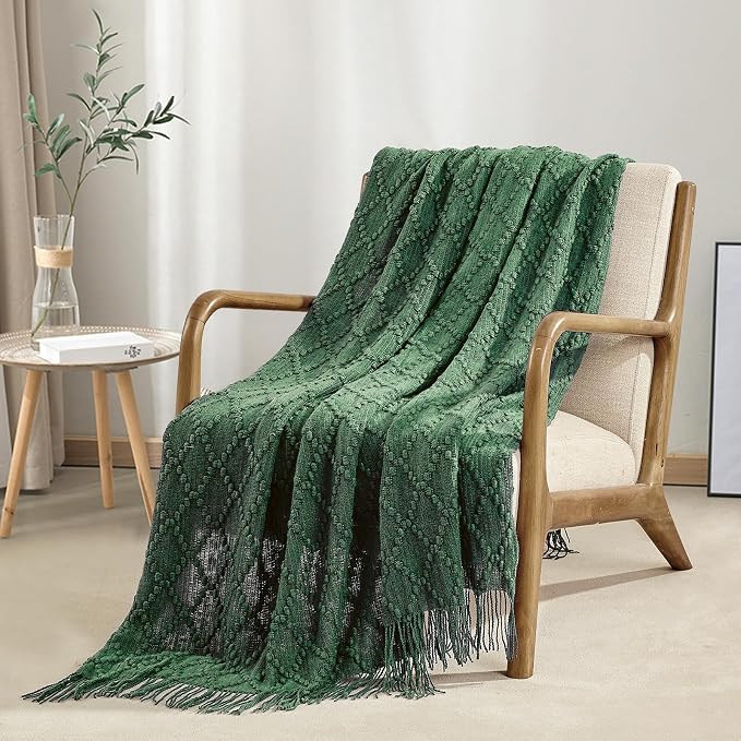 BOURINA Green Throw Blanket 50 x70 Inch Jacquard Throw Knitted Blanket | Jacquard Argyle Throw Textured Solid Soft Throws and Blankets for Sofa or Bed Knitted Decorative Blanket