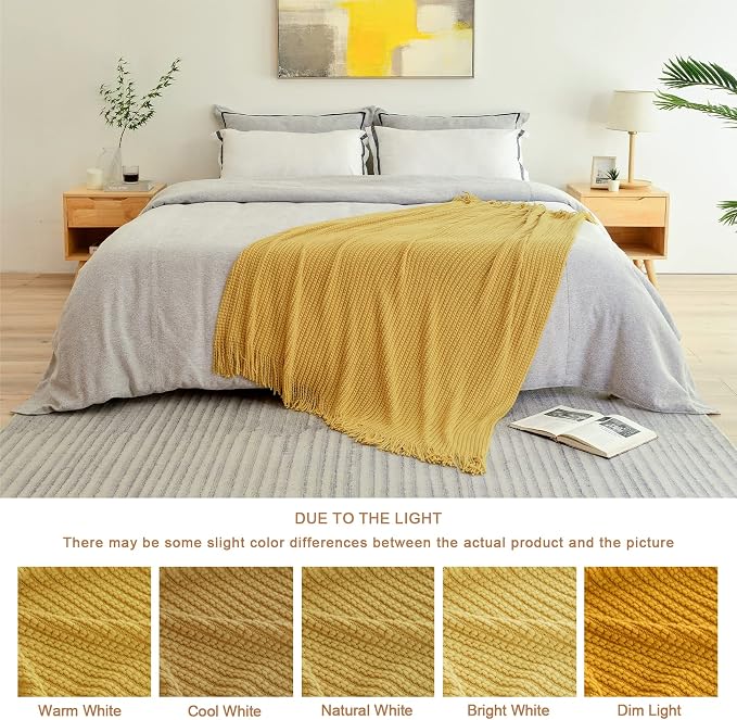 Blagic Knit Throw Blanket for Couch with Tassels,Mustard Yellow,50"x60" | Soft Farmhouse Boho Throw Blanket with Tassels,Decorative for Living Room,Gifts for Adults,All Season Use