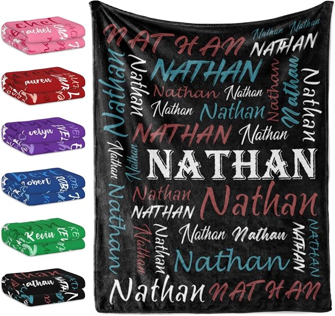 Personalized Name Throw Blanket, Custom Black Theme Light Soft Flannel Fleece Throw Blanket for Men Women Boys Girls Kids, Customized Name Gifts for Birthday Christmas Valentines Day