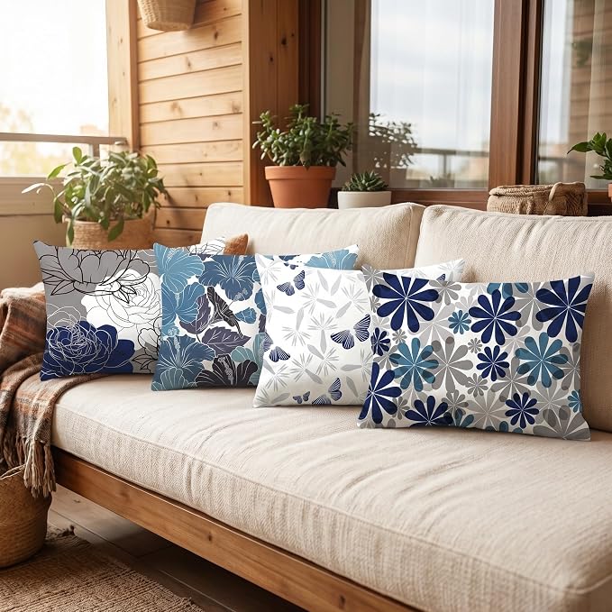 COMMINY Blue Grey Lumbar Pillow Covers 12x20 Set 6 Linen Throw Cover | Daisy Dhalia Pattern, Lumbar Pillow Size, Breathable Linen, hidden zipper, Bed Bench Office Chair, modern farmhouse decor