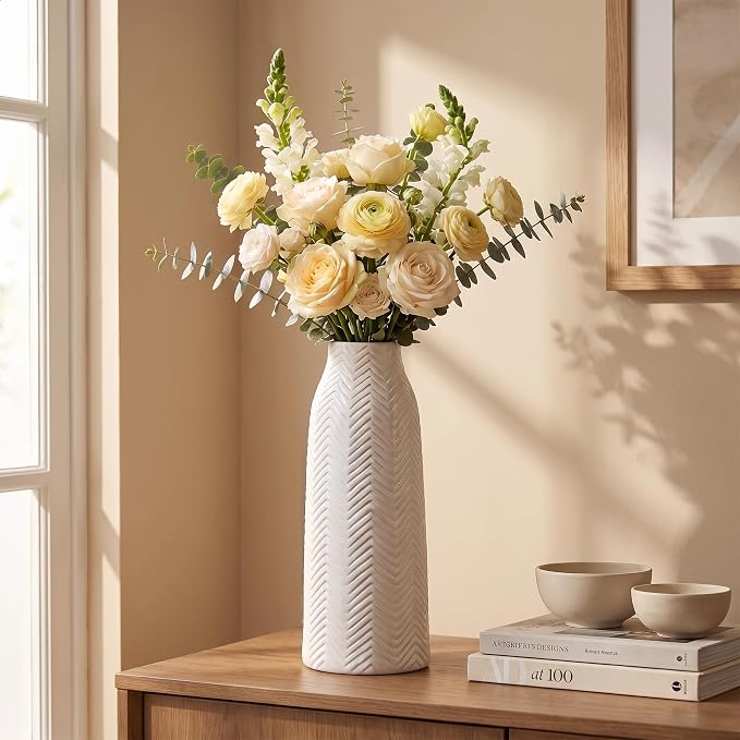 hjn Large White Vase for Flowers Ceramic Vase for Home Decor Tall Vases for Your Floor/Kitchen/Office/Living Room/Table- White Texture(Large)