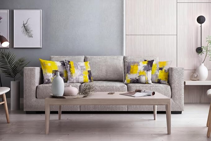 Yellow Grey Abstract Throw Pillow Covers 18x18 Set of 4 | Mustard Yellow & Grey Modern‑Art Cushion Cases, neutral aesthetic pillowcases for sofa, bedroom & chair.