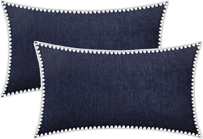 BRAWARM Chenille Throw Pillow Covers 12x20 Inches, Navy Blue, 2 Pack | Decorative Lumbar Pillow Covers with Shell Edge, Soft Cushion Cases for Sofa Bed Living Room Home Farmhouse (No Insert)