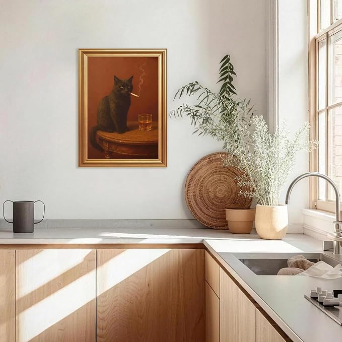 ICHZUMW Gold Framed Funny Black Cat Whiskey Vintage Canvas Wall Art 12x16In | Funny Cat Smoking Cigarette Picture, Quirky Animal Bar Wall decor, Bathroom Man Cave Bedroom, Fade Resistant, Ready to Hang