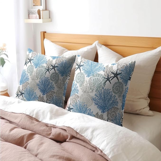 Coastal Starfish Seashell Coral Pillow Covers 16x16 Inch Set of 2 Summer Nautical Beach Decorative Pillow Cases Sea Ocean Cotton Linen Cushion Case Farmhouse Home Decor for Sofa Couch Bedroom