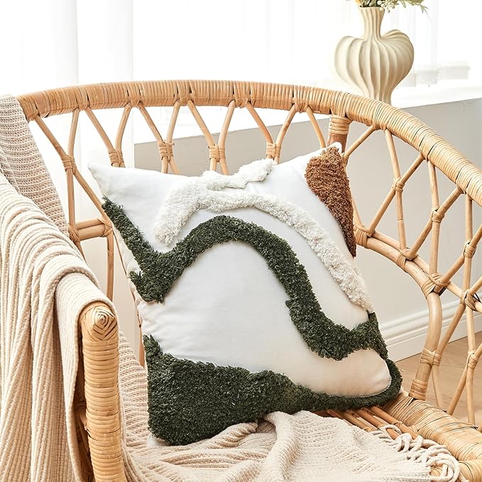 lifein 18x18 Pillow Covers-Throw Pillow Covers Boho Couch Pillows Embroidered Decorative Accent Pillows Mid Century Textured Pillowcases for Couch Sofa Living Room Bed (Olive Green and Cream)
