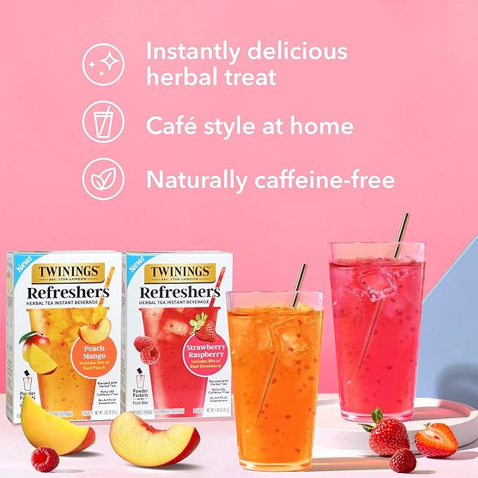 Twinings Peach Mango Refreshers, Herbal Tea Instant Beverage with Real Peach Fruit Bits, 5 Count (Pack of 1), Café Style, No Artificial Sweeteners, Naturally Caffeine-Free Refreshment, 5 Packets
