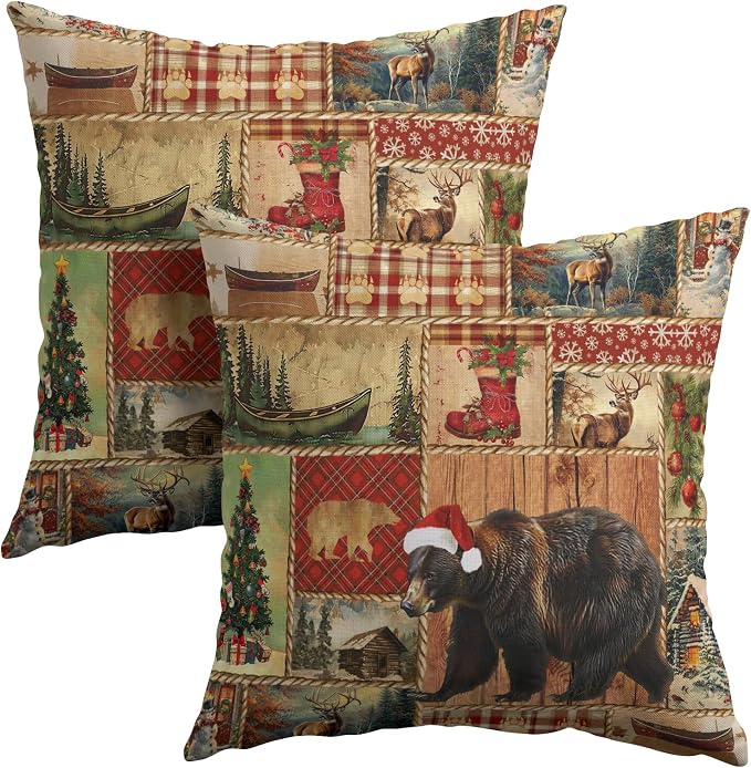 Kawani Christmas Bear Throw Pillow Covers 18x18 Inch - Set of 2 Xmas Log Cabin Wildlife Winter Cotton Linen Square Pillowcase Cushion Cover for Patio Couch Sofa Bedroom Living Room Decor