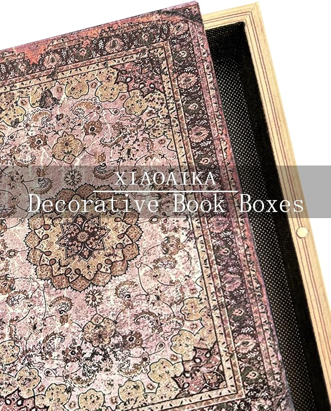 Decorative Wooden Book Box - Vintage Faux Book Boxes for Home Decor, Secret Storage with Magnetic Closure, Antique Style, Persian Rug Pattern Leather Cover, Perfect for Home Office Bookshelf, 10x7x1.6