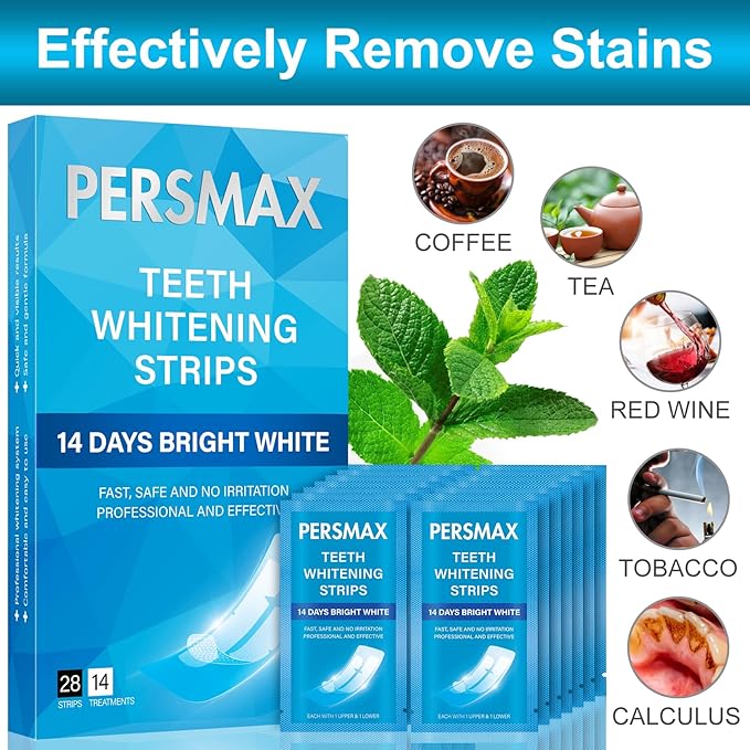 PERSMAX Teeth Whitening Strips for Sensitive Teeth Enamel Safe Whitening Kit No-Slip Remove Coffee Wine Smoking Stains Professional 14 Treatments 28 Strips