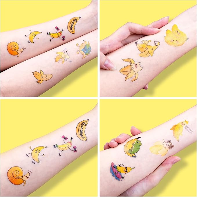 96PCS Banana Pre-Cut Temporary Tattoos for Kids | Super Cute Themed Birthday Party Favors, Supplies, Decorations, Cute Funny Fruit Fake Tattoo Stickers, School Rewards Prizes & Gifts for Boys & Girls