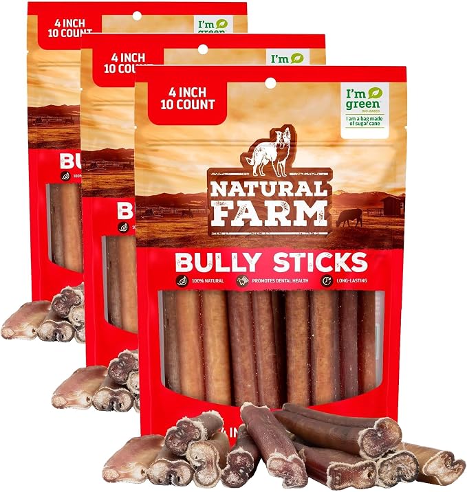 Natural Farm Odor Free Bully Sticks (4 Inch, 30 Pack) for Small & Medium Dogs - 100% Beef Chews for Pups, Non-GMO, Grain-Free, Fully Digestible Long Lasting Dog Treats