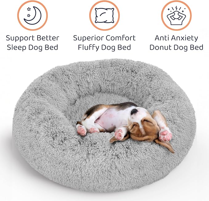 Donut Dog Bed - Premium Comfort for Anxiety Relief - Fluffy & Calming Design with Ultra-Plush Support | Cozy Round Dog Bed with Super Soft Circle Style (Grey, Small)