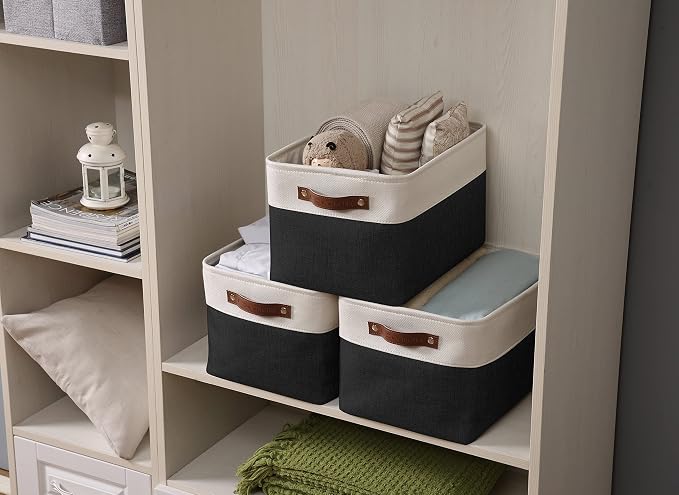 DECOMOMO Storage Bins, Large Fabric Storage Baskets for Shelves 3 Pack | 15 x 11 x 9.5 inches Decorative Linen Closet Organizers (Black & White)