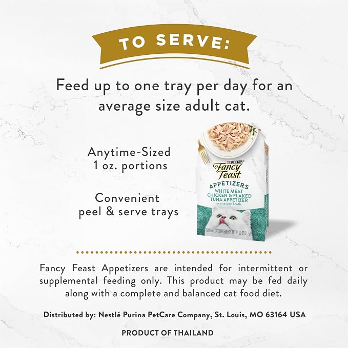 Fancy Feast Purina Appetizers Lickable Grain Free Wet Cat Food Topper White Meat Chicken and Flaked Tuna Appetizer - 1.1 oz. Trays,(Pack of 20)