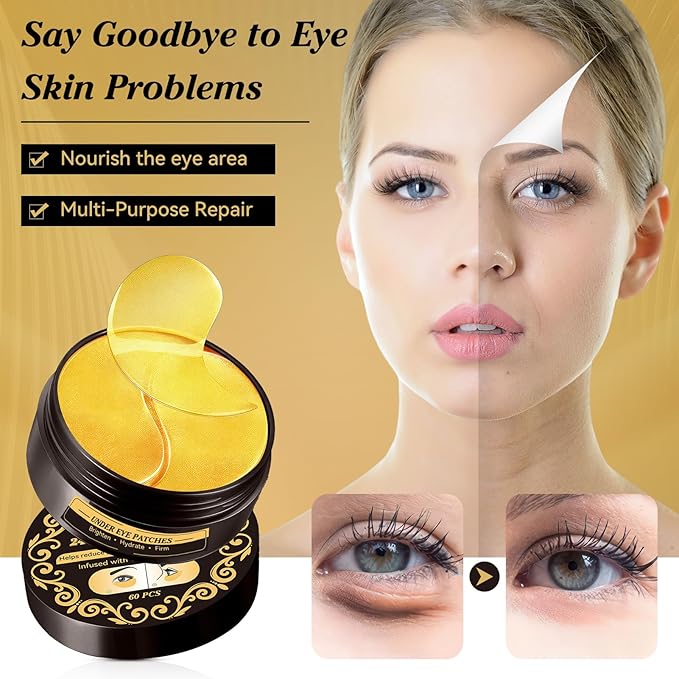 24k Gold Under Eye Patches, 60 Pcs Hydrogel Eye Mask Skincare with Collagen and Hyaluronic Acid for Puffiness, Dark Circles and Fine Lines, Cooling Under Eye Mask for Women and Men