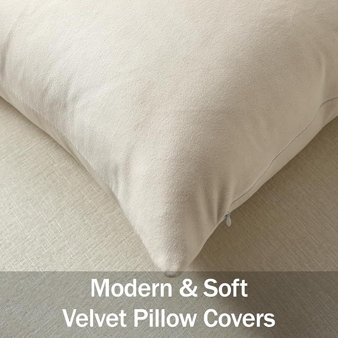Euro Sham Covers 24x24 Cream: Pack of 2 Cozy Soft Velvet Square Modern Luxury Decorative Throw Pillow Cases for Sofa Couch Living Room Bed Home Decor
