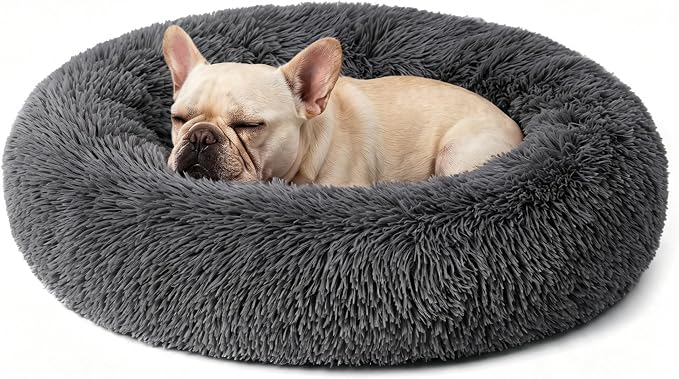 Calming Anti-Anxiety Donuts Dog And Cat Bed, Round Fluffy Soft Washable Small Medium Pet Bed For Puppy And Kitten, Cuddler Warming Comfortable Luxury Anti-Slip Waterproof Mute Base 24in Dark Gray