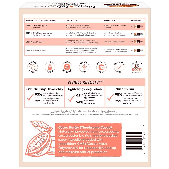 Palmer's Cocoa Butter Formula New Moms Skin Recovery Postpartum Essentials, Body Lotion (8.5 oz) + Nursing Butter (1.1 oz) + Bust Cream (4.4 oz) + Skin Therapy Oil (2 oz), Dermatologist Approved