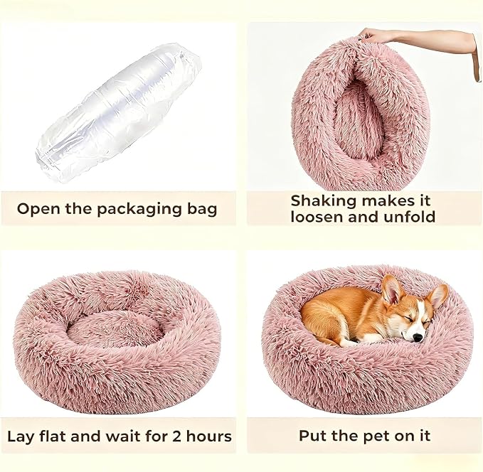 Calming Extra Large Donut Dog Bed, Anti-Anxiety Round Soft Fluffy Plush Faux Fur Washable Anti-Slip Pet Bed for Medium Dogs Up to 45 lbs 32in Pink