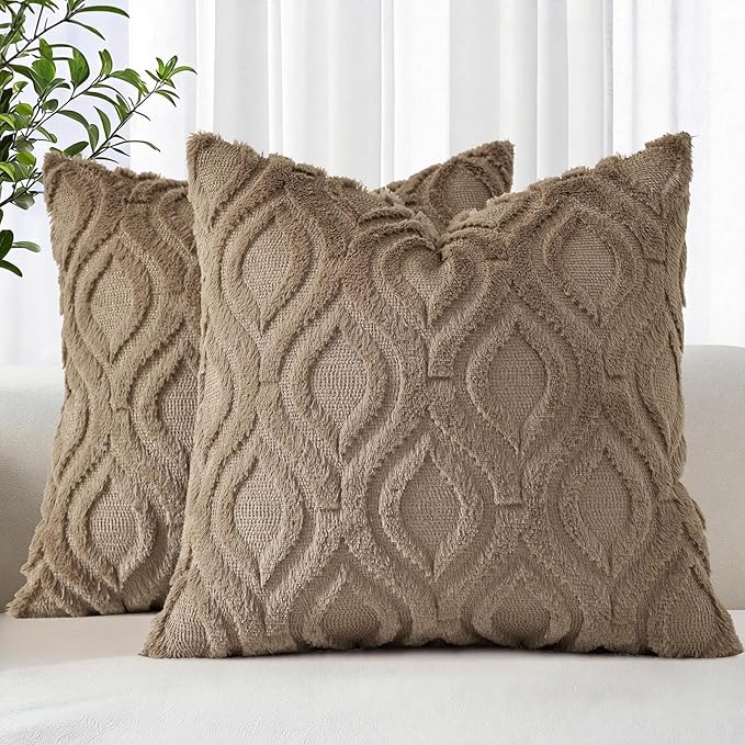 decorUhome Faux Fur Soft Light Brown Throw Pillow Covers 16x16 Set of 2 | Plush Solid Fall Couch Pillow Covers, Accent Modern Farmhouse Neutral Decorative Square Pillow Cases for Sofa Bed Living Room