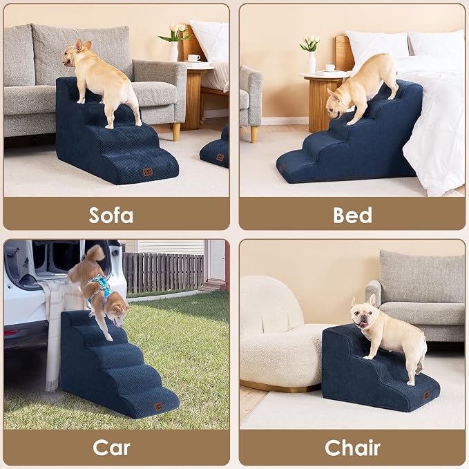 EHEYCIGA Curved Dog Stairs Ramp, 5-Step High Beds, 22.6" H Pet Step | 33D density of pure foam, for Small Dogs and Cats, Pet Stairs for High Bed Climbing, Non-Slip Balanced Indoor, Navy