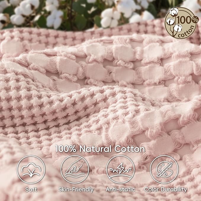 PHF 100% Cotton Waffle Blanket Twin Size, Lightweight Breathable Summer Blanket for Hot Sleepers, Pre-Washed Soft Layer for Bed, Dorm, Couch & Guest Room, Home Decor Gift, 66"x90", Pink/Mauve