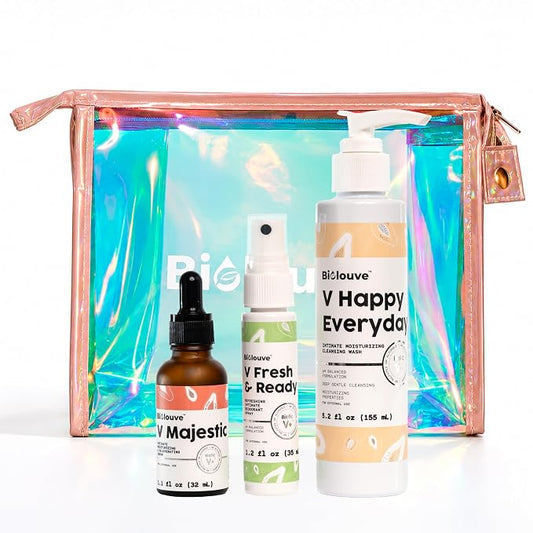 V Daily Ritual Essentials Kit 3-Step Intimate Vulva Care Bundle with Toiletry Bag – BioticV+ - pH Balanced Feminine Wash, Deodorant Vagina Spray & Hydrating Firming Serum. Gynecologist Tested