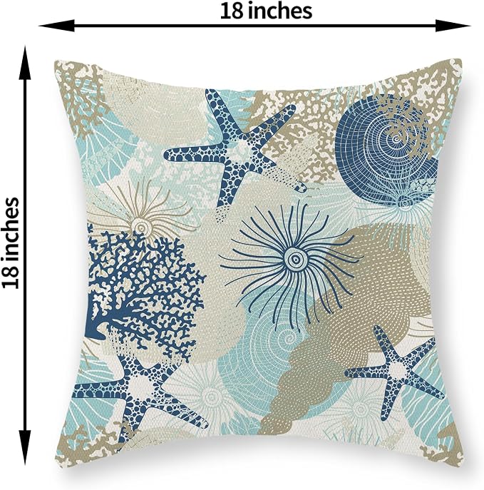 Nautical Coastal Pillow Covers 18x18 Inch Set of 2, Beach Themed Ocean Throw Pillows Starfish Seashell Decorations Summer Pillowcase Linen Outdoor Decor Farmhouse Cushion Case for Home Bedroom