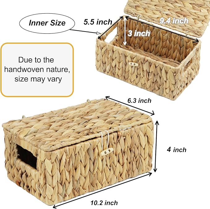 ORDELITE Water Hyacinth Wicker Storage Basket with Lid, Small | Decorative Box, Built-In Handles, Baskets for Organizing, Shelf Organizer Bin, Rectangular Woven Design, 10.2 x 6.3 x 3.9