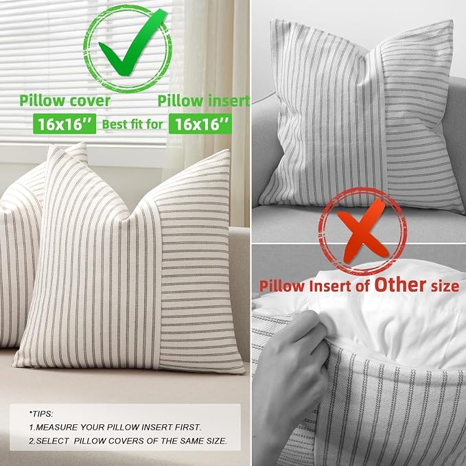 YCOLL Farmhouse Pillow Covers 16x16, Modern Accent Square Throw Pillow Covers Set of 2, Gray and Beige Striped Patchwork Linen Decorative Pillows Cushion Covers for Couch Chair Bedroom Home Decor