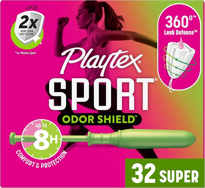 Playtex Sport Odor Shield Tampons Super Absorbency, Unscented - 32ct | Super Tampons for Women, Feminine Care, Playtex Tampon with 360 Leak Defense and Odor Control