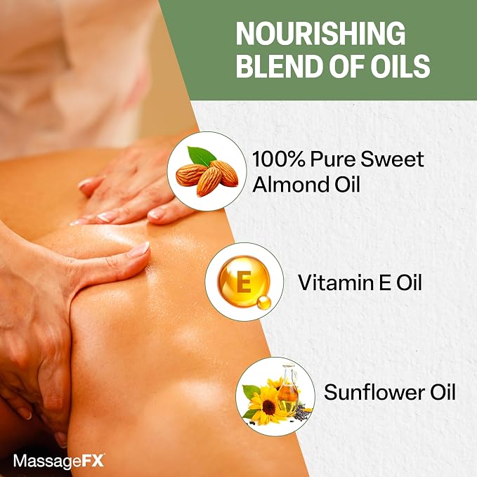 Massage Oil by Massage FX - 100% Pure Sweet Almond & Sunflower Seed Oil - Vitamin E - Ivy, Arnica & Aloe - Unscented - Perfect for a Full Body Massage, Maximum Friction - Paraben Free - 8 Ounces Pump