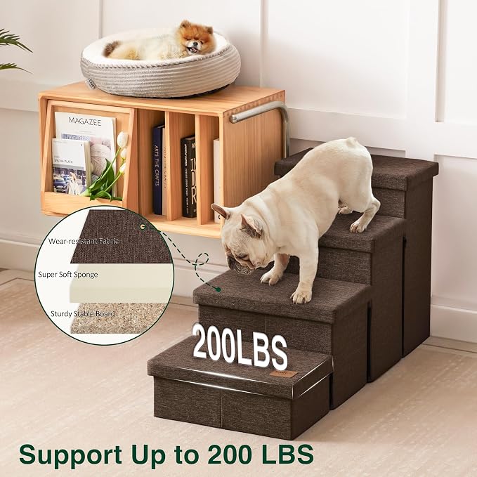 Love's cabin Dog Stairs for High Bed, Foldable Pet Stairs for Small Medium or Large Dogs Puppy with Storage for Bed or Couch, Cat Dog Steps Ramp with Zip up to 200 lbs, Coffee, 4 Steps