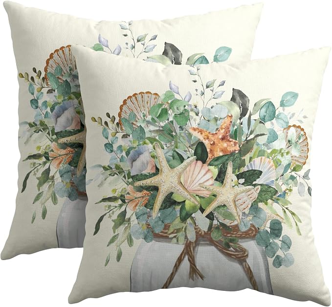 Kawani Eucalyptus Leaves Starfish Pillow Covers 16x16 Inch Set of 2 Coastal Green Leaf Mason Jar Outdoor Decorative Pillowcase Cotton Linen Square Cushion Case for Couch Sofa Home Decor