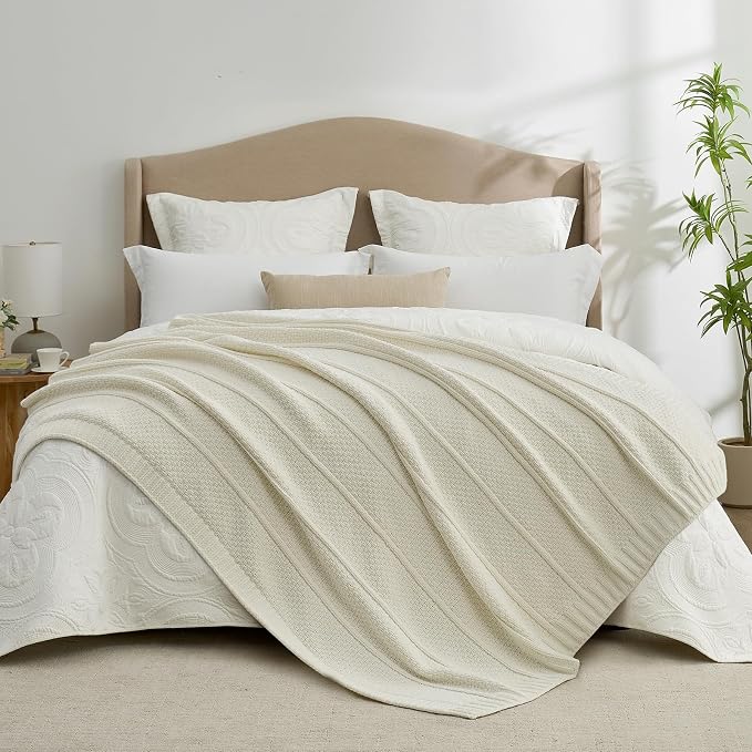 Chenille Throw Blanket for Couch, Soft Cozy Chunky Knit Blanket, Moss Stitch Throw for Sofa, Bed, Living Room, Lightweight Warm Home Decor, Cream White 60"x80"
