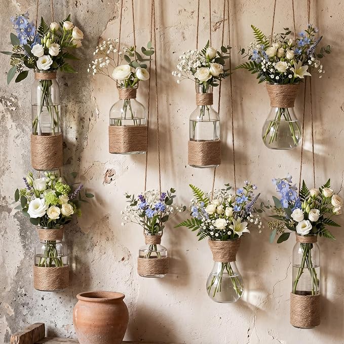8 Pcs Hanging Glass Vases Clear Hanging Propagation Vases with Jute Rope Glass Terrariums Planters, Handcrafted Assorted Shapes, Suitable for Dried Flowers, Vintage Rustic Home Graden Decor