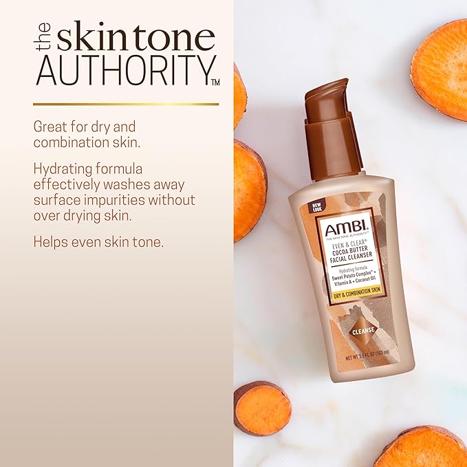 Ambi Even & Clear Cocoa Butter Facial Cleanser With Nutrient-Rich Sweet Potato Complex | Hydrating Formula | Helps Even Skin Tone | 3.5 Ounce
